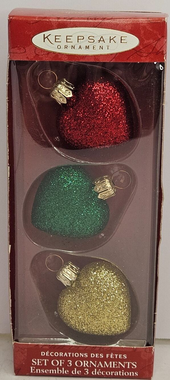 Hallmark 3 Hand Blown Glitter Glass Ornaments Set Heart Shaped NIB 2000